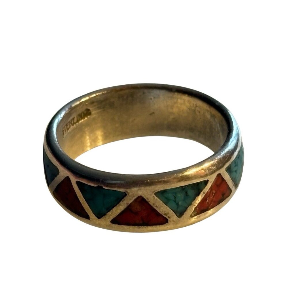 Navajo Chip Inlay Ring 925 Silver Turquoise & Coral Ted Ott Size 7.5 Vintage